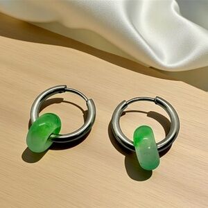 New Stainless Steel & Natural Jade Hoop Earrings 💚